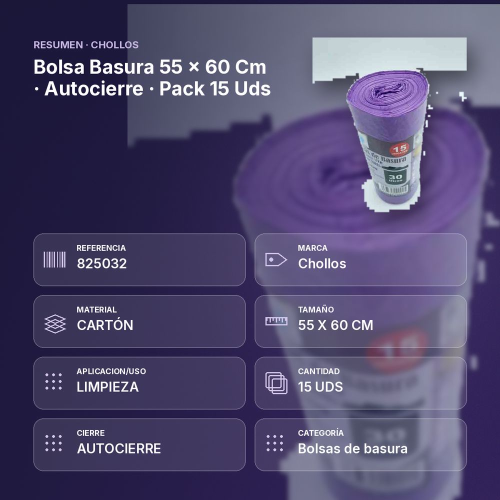BOLSA BASURA 55 × 60 CM · AUTOCIERRE · PACK 15 UDS - resumen de atributos