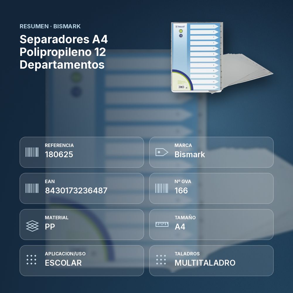 SEPARADORES A4 POLIPROPILENO 12 DEPARTAMENTOS  - resumen de atributos