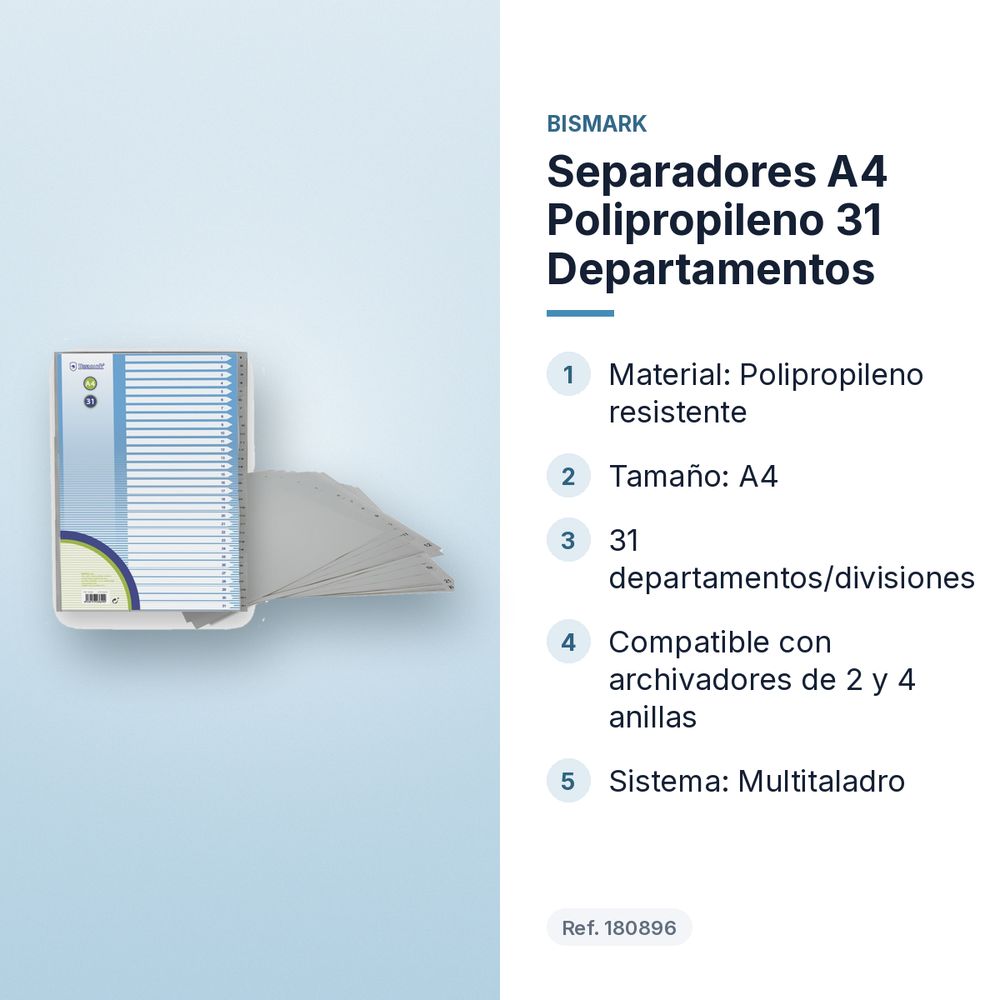 SEPARADORES A4 POLIPROPILENO 31 DEPARTAMENTOS  - características principales