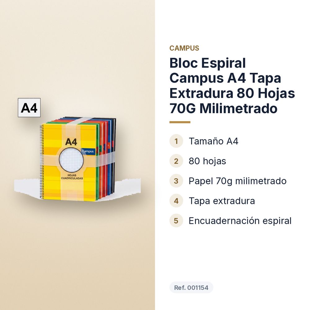 BLOC ESPIRAL CAMPUS A4 TAPA EXTRADURA 80 HOJAS 70G MILIMETRADO - características principales