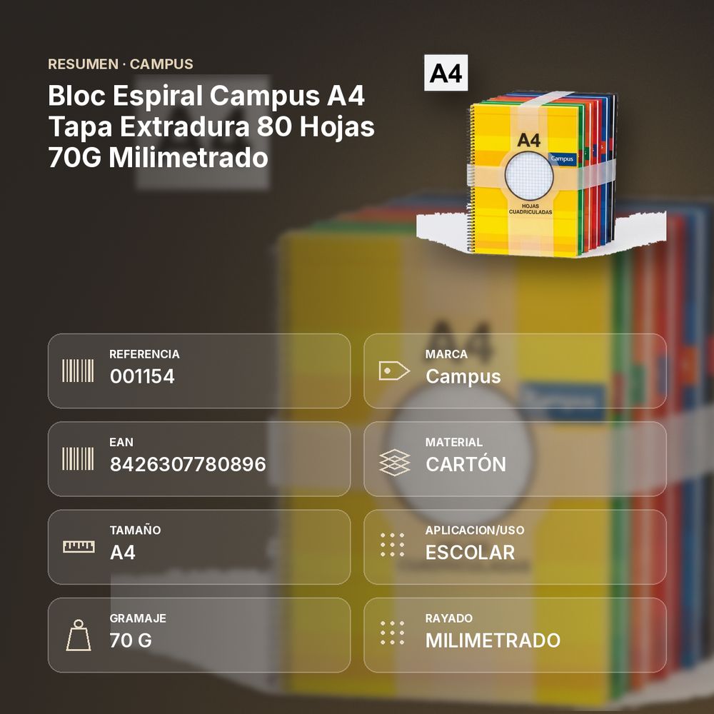 BLOC ESPIRAL CAMPUS A4 TAPA EXTRADURA 80 HOJAS 70G MILIMETRADO - resumen de atributos