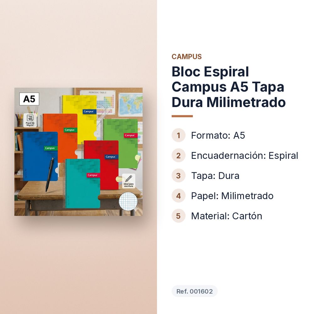 BLOC ESPIRAL CAMPUS A5 TAPA DURA MILIMETRADO - características principales