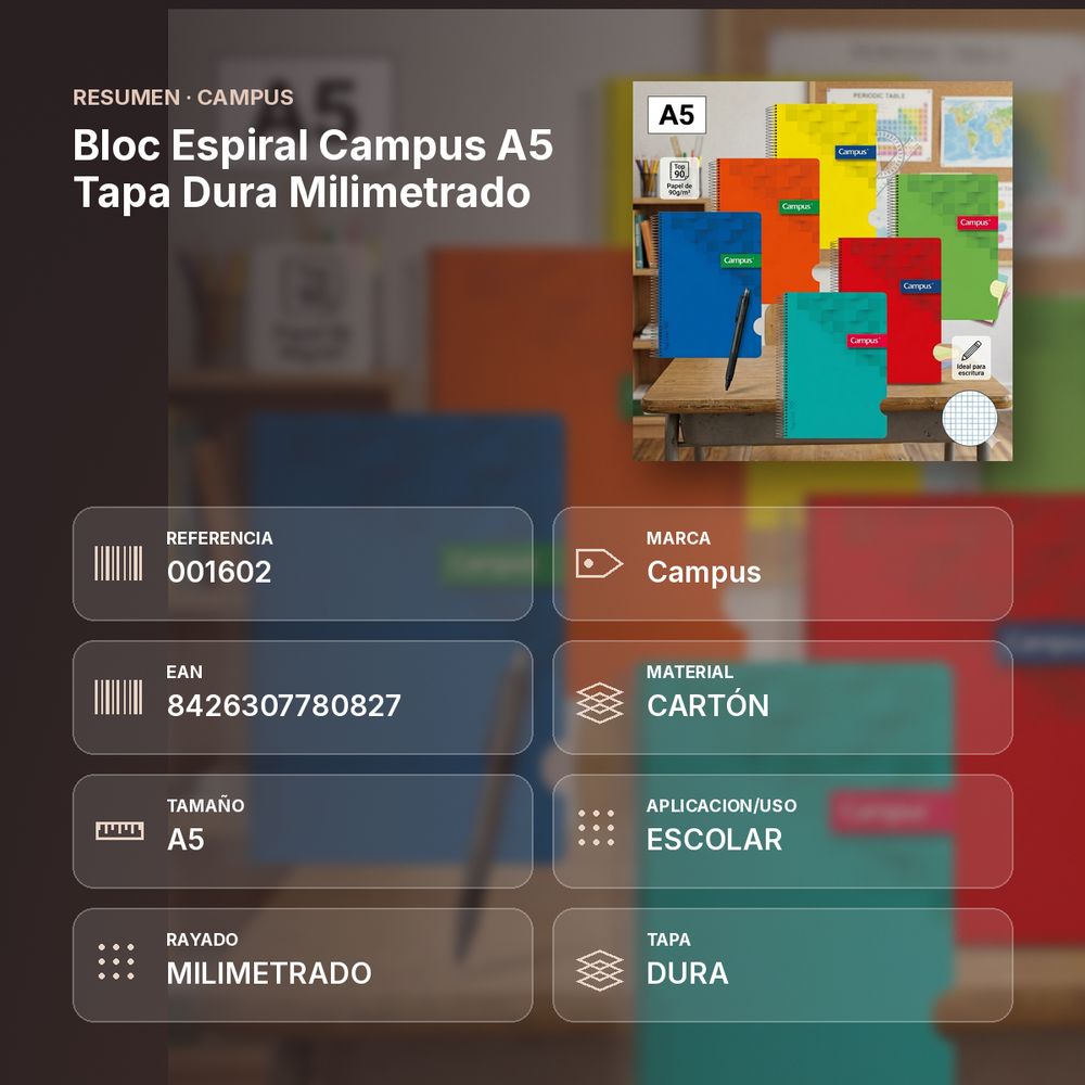 BLOC ESPIRAL CAMPUS A5 TAPA DURA MILIMETRADO - resumen de atributos