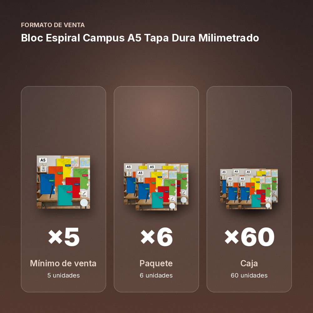 BLOC ESPIRAL CAMPUS A5 TAPA DURA MILIMETRADO - formato de venta: paquete de 6, caja de 60