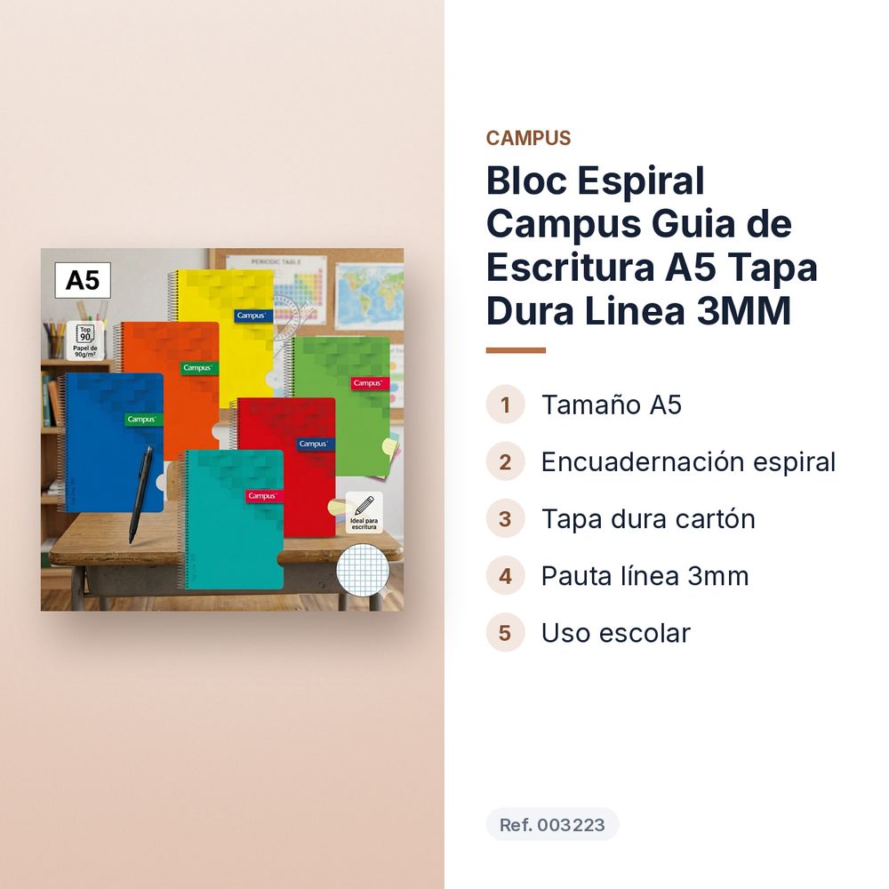 BLOC ESPIRAL CAMPUS GUIA DE ESCRITURA A5 TAPA DURA LINEA 3MM - características principales
