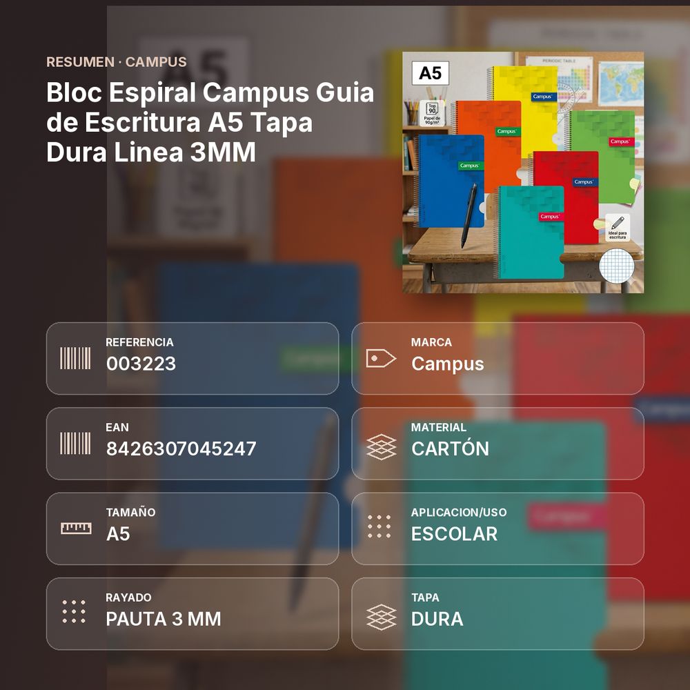 BLOC ESPIRAL CAMPUS GUIA DE ESCRITURA A5 TAPA DURA LINEA 3MM - resumen de atributos