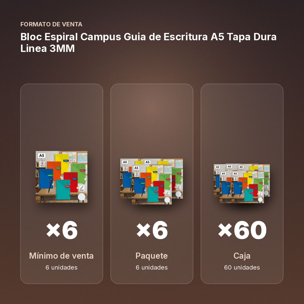BLOC ESPIRAL CAMPUS GUIA DE ESCRITURA A5 TAPA DURA LINEA 3MM - formato de venta: paquete de 6, caja de 60