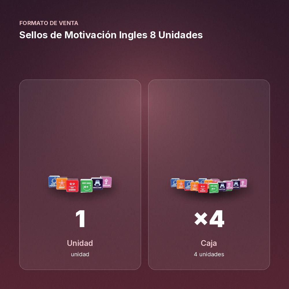 SELLOS DE MOTIVACIÓN INGLES 8 UNIDADES - formato de venta: caja de 4