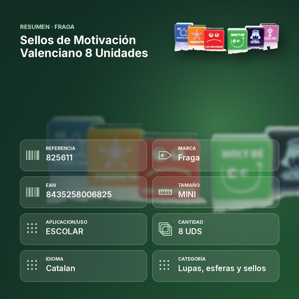SELLOS DE MOTIVACIÓN VALENCIANO 8 UNIDADES - resumen de atributos