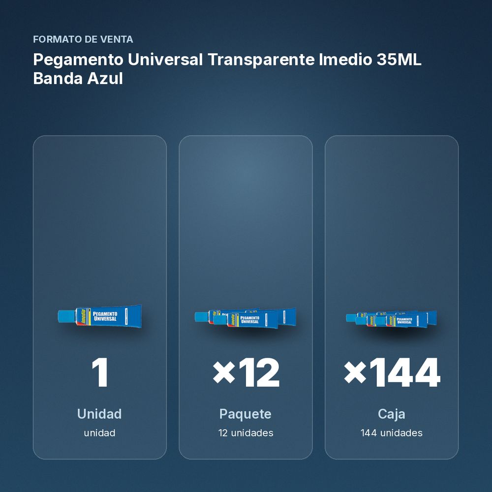 PEGAMENTO UNIVERSAL TRANSPARENTE IMEDIO 35ML BANDA AZUL - formato de venta: paquete de 12, caja de 144