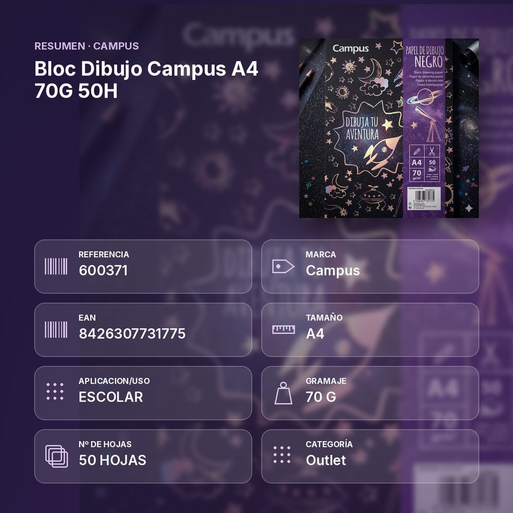 BLOC DIBUJO CAMPUS A4 70G 50H - resumen de atributos