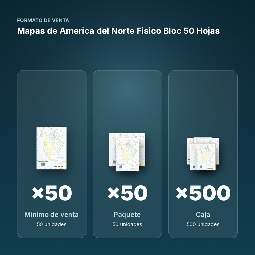 MAPAS DE AMERICA DEL NORTE FISICO BLOC 50 HOJAS - formato de venta: paquete de 50, caja de 500