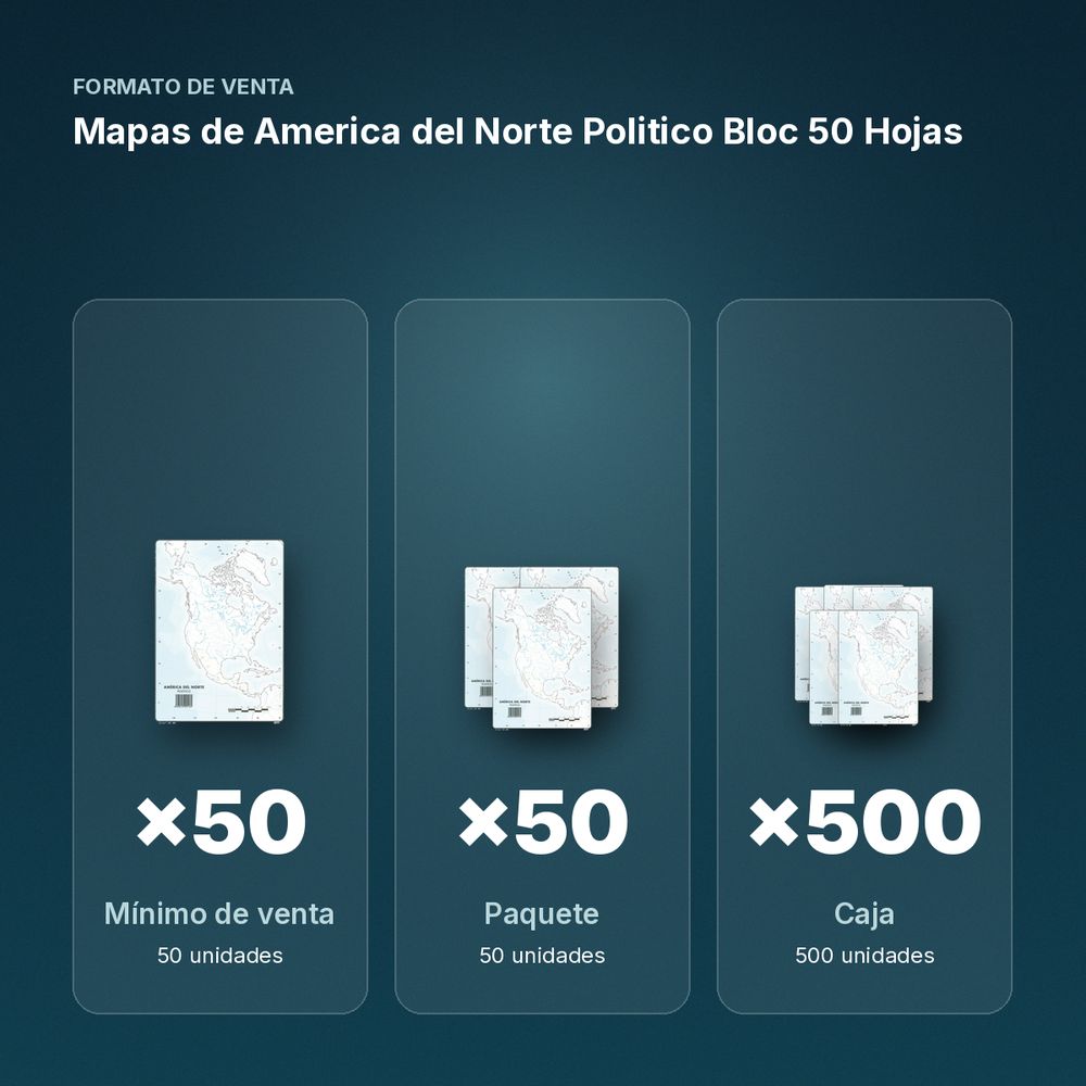 MAPAS DE AMERICA DEL NORTE POLITICO BLOC 50 HOJAS - formato de venta: paquete de 50, caja de 500