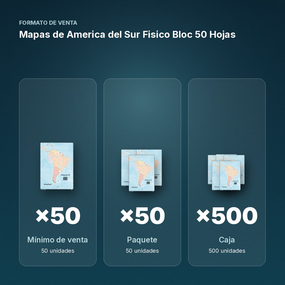 MAPAS DE AMERICA DEL SUR FISICO BLOC 50 HOJAS - formato de venta: paquete de 50, caja de 500
