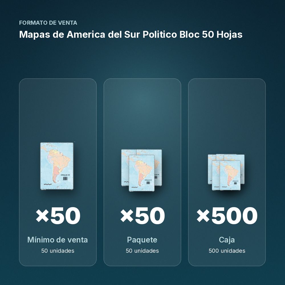 MAPAS DE AMERICA DEL SUR POLITICO BLOC 50 HOJAS - formato de venta: paquete de 50, caja de 500