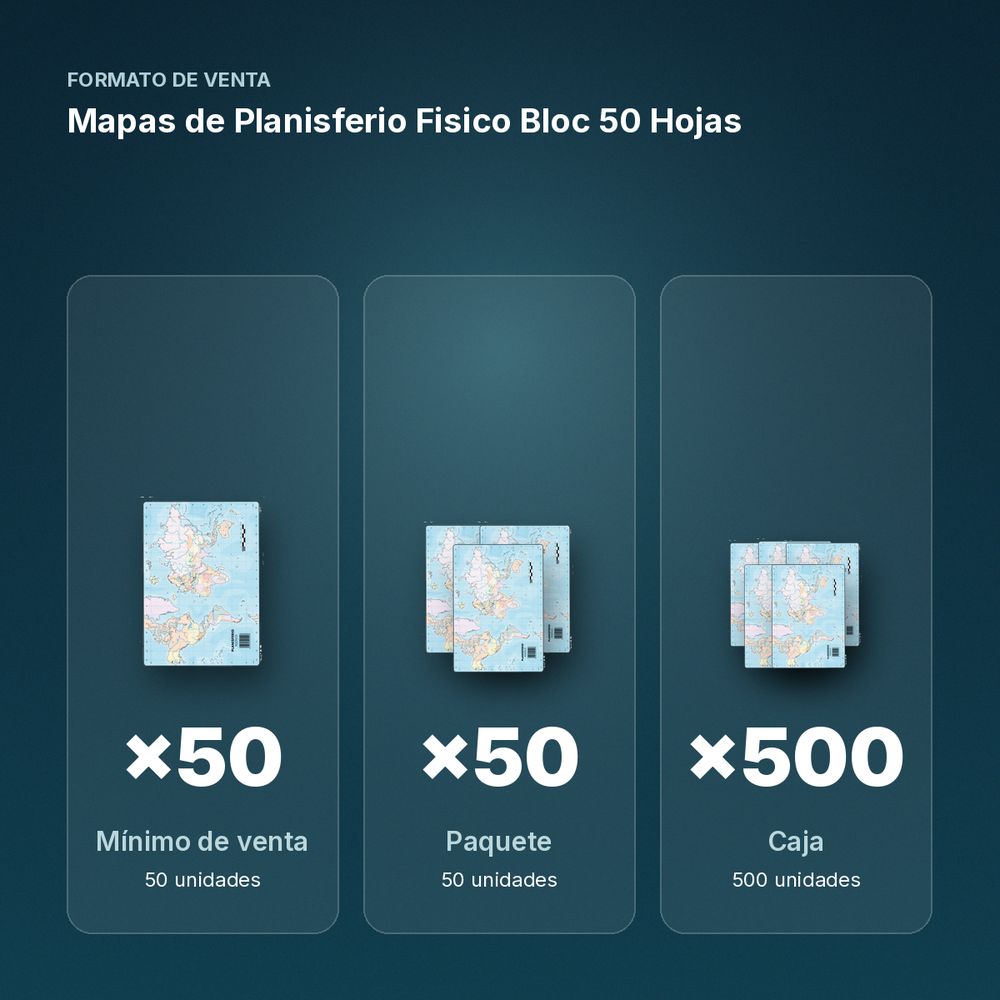MAPAS DE PLANISFERIO FISICO BLOC 50 HOJAS - formato de venta: paquete de 50, caja de 500