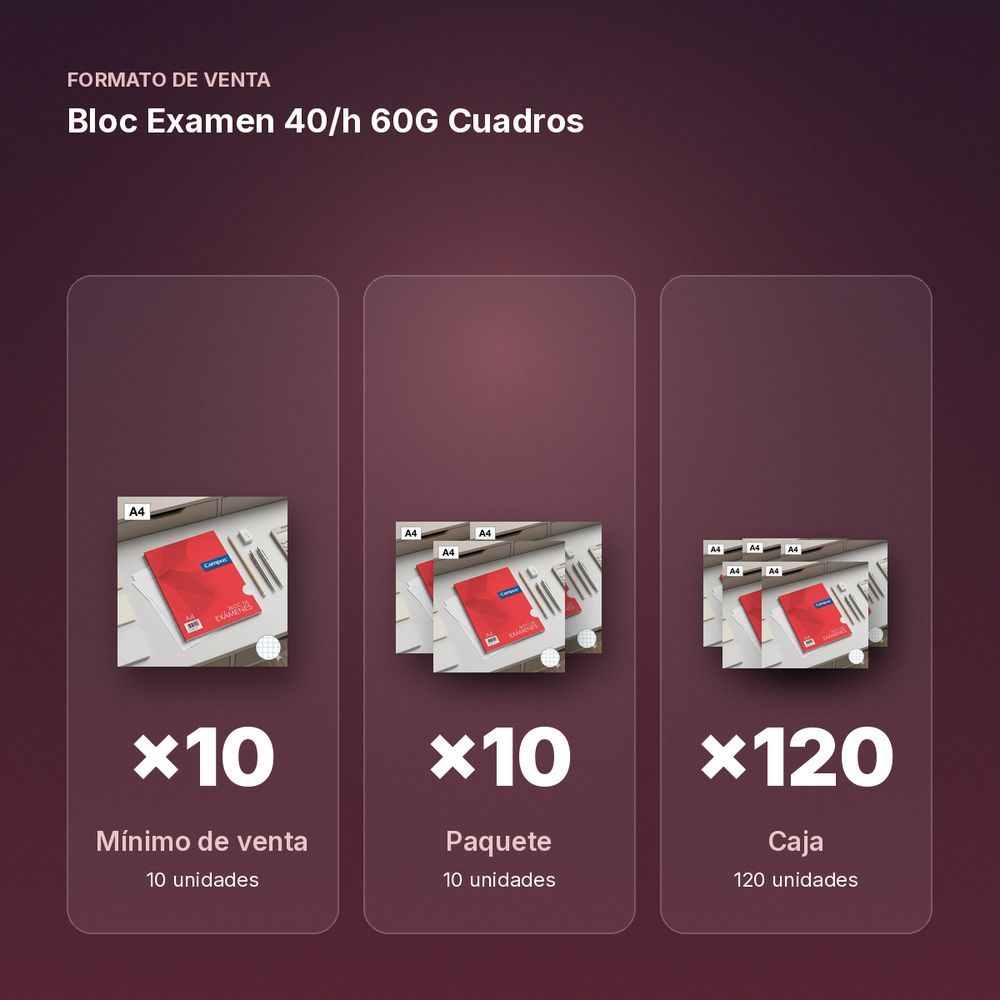 BLOC EXAMEN 40/H 60G CUADROS - formato de venta: paquete de 10, caja de 120