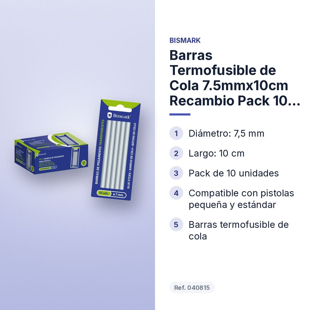 BARRAS TERMOFUSIBLE DE COLA 7.5MMX10CM RECAMBIO PACK 10 UNIDADES - características principales