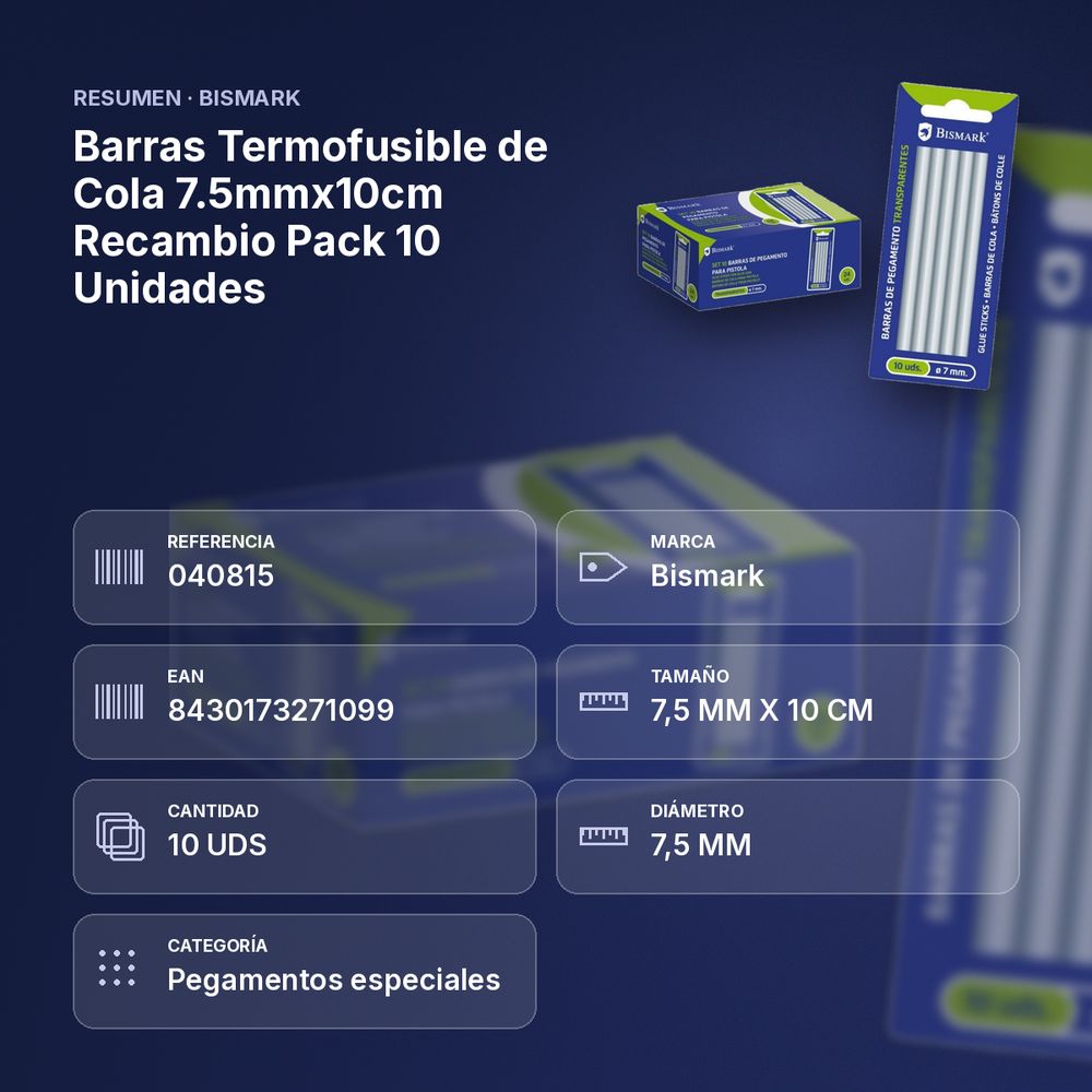 BARRAS TERMOFUSIBLE DE COLA 7.5MMX10CM RECAMBIO PACK 10 UNIDADES - resumen de atributos