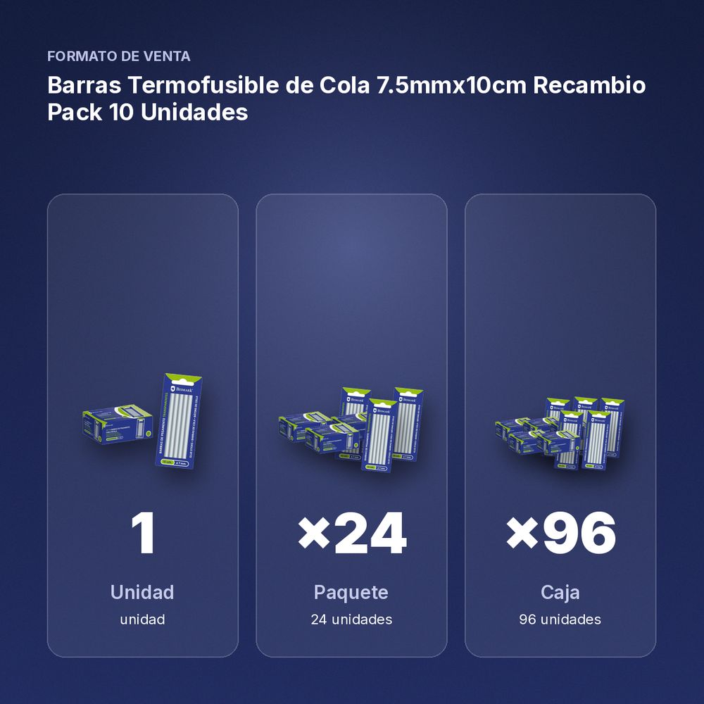 BARRAS TERMOFUSIBLE DE COLA 7.5MMX10CM RECAMBIO PACK 10 UNIDADES - formato de venta: paquete de 24, caja de 96
