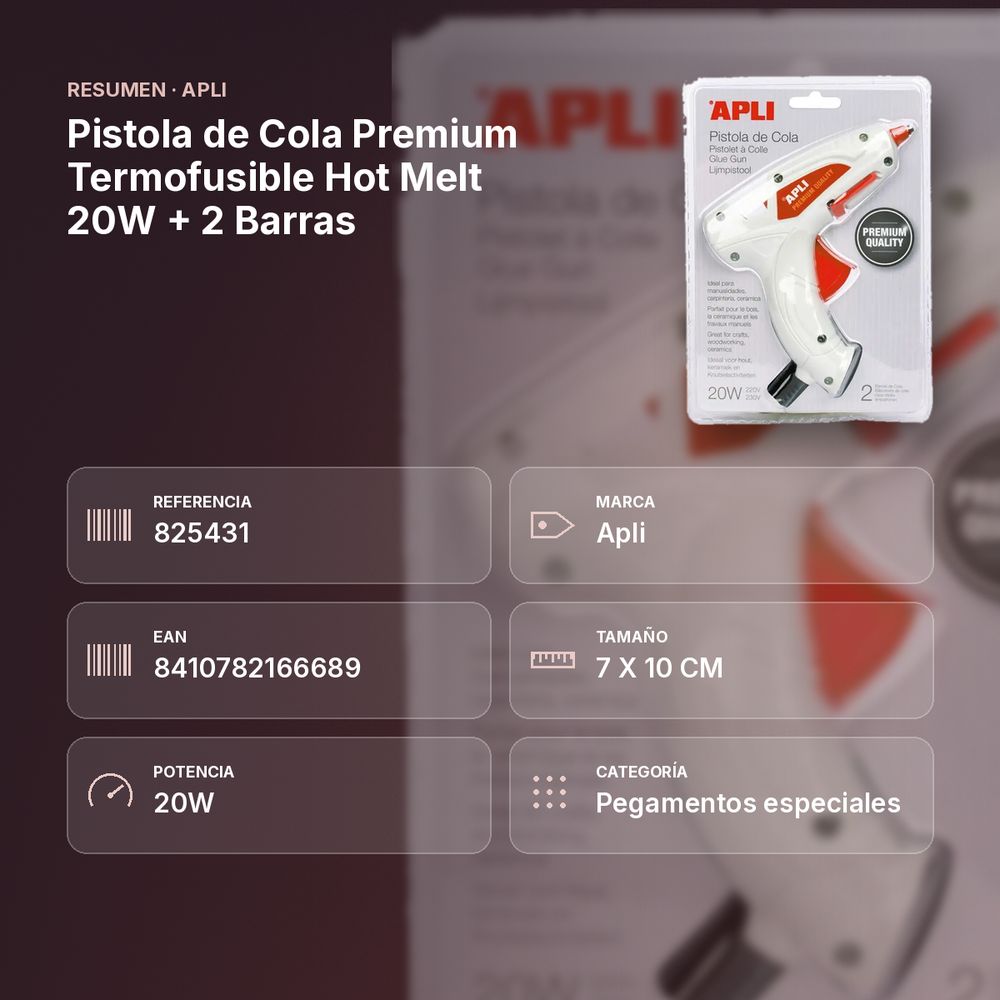PISTOLA DE COLA PREMIUM TERMOFUSIBLE HOT MELT 20W + 2 BARRAS - resumen de atributos