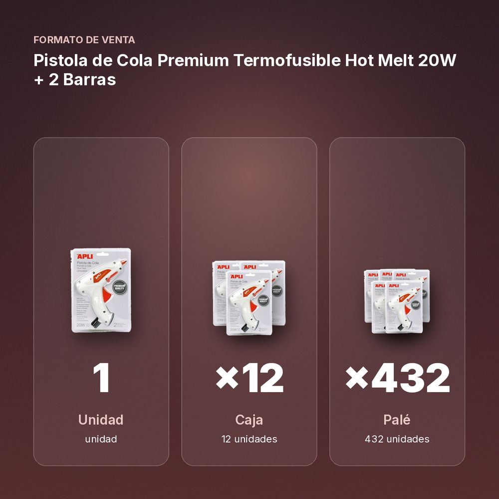 PISTOLA DE COLA PREMIUM TERMOFUSIBLE HOT MELT 20W + 2 BARRAS - formato de venta: caja de 12, palé de 432