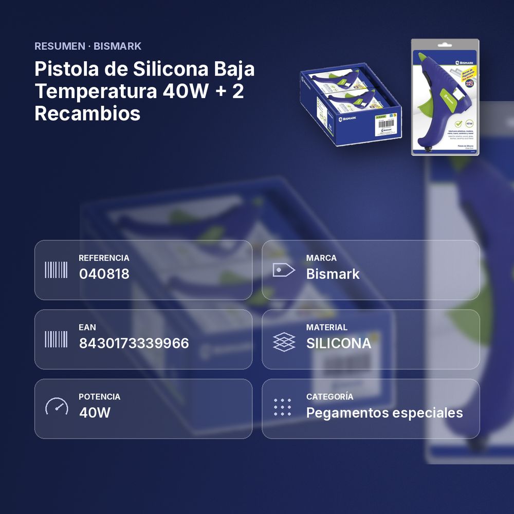 PISTOLA DE SILICONA BAJA TEMPERATURA 40W + 2 RECAMBIOS - resumen de atributos