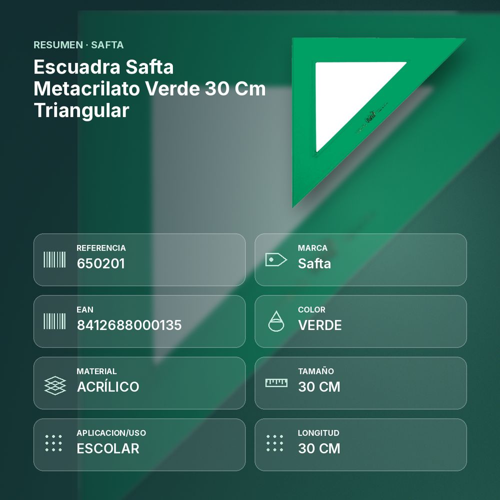 ESCUADRA SAFTA METACRILATO VERDE 30 CM TRIANGULAR - resumen de atributos