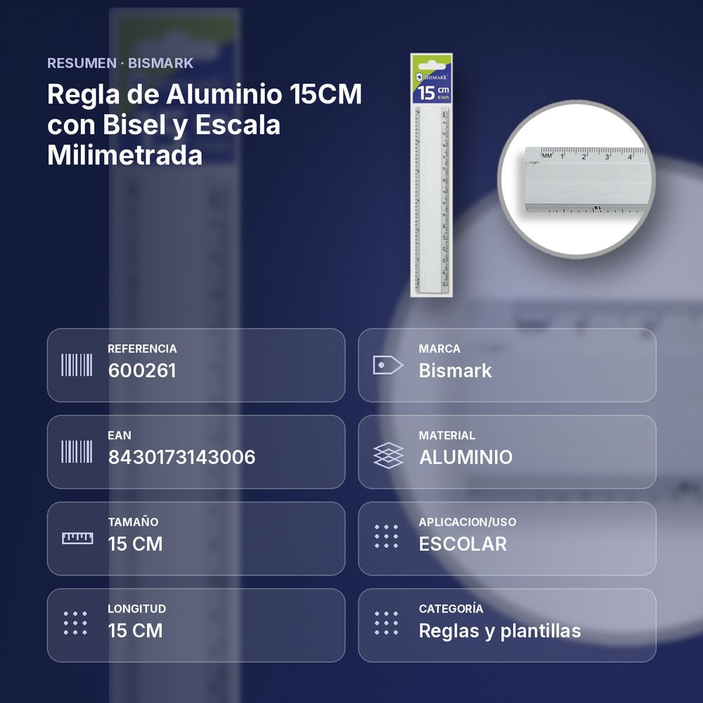 REGLA DE ALUMINIO 15CM CON BISEL Y ESCALA MILIMETRADA - resumen de atributos