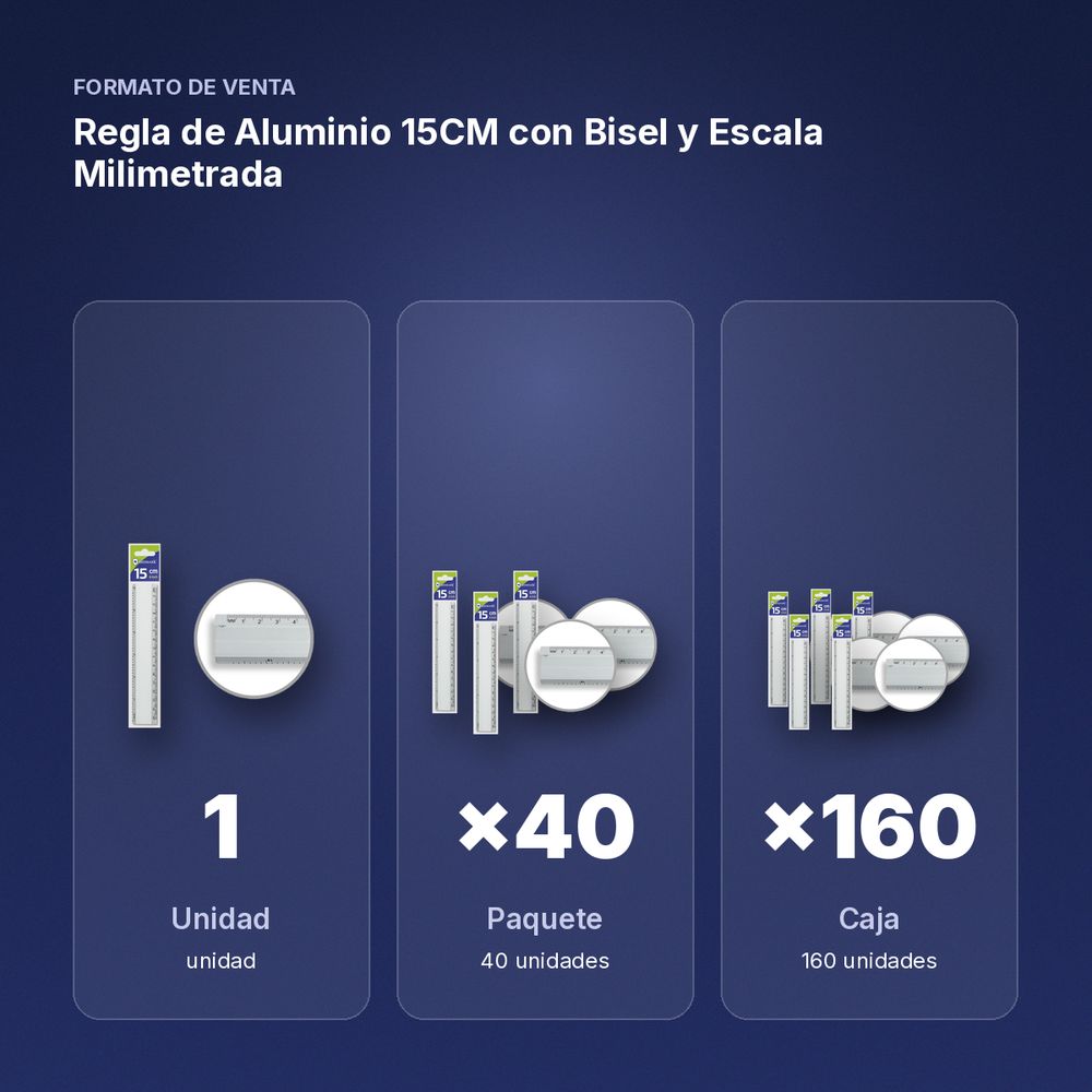 REGLA DE ALUMINIO 15CM CON BISEL Y ESCALA MILIMETRADA - formato de venta: paquete de 40, caja de 160
