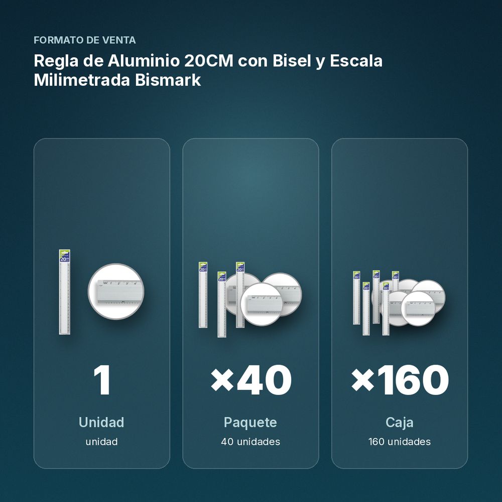 REGLA DE ALUMINIO 20CM CON BISEL Y ESCALA MILIMETRADA BISMARK - formato de venta: paquete de 40, caja de 160