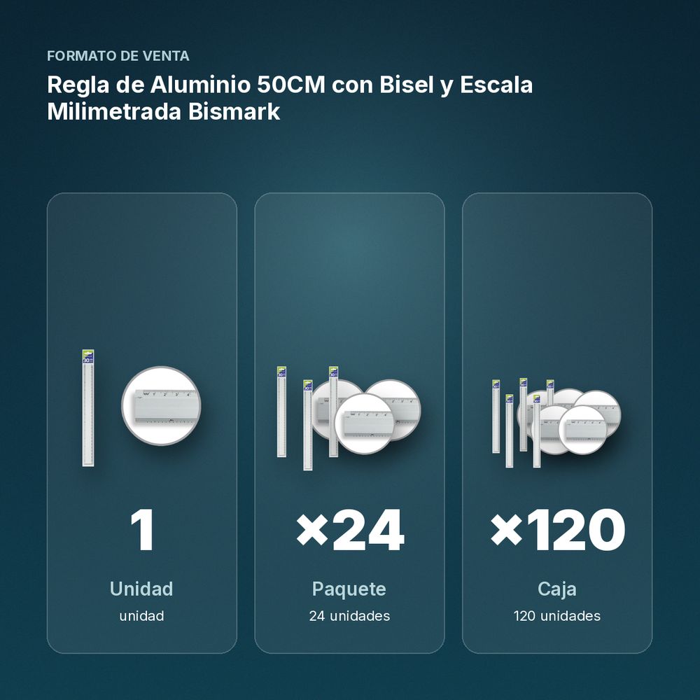 REGLA DE ALUMINIO 50CM CON BISEL Y ESCALA MILIMETRADA BISMARK - formato de venta: paquete de 24, caja de 120