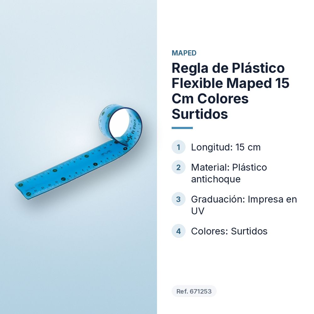 REGLA DE PLÁSTICO FLEXIBLE MAPED 15 CM COLORES SURTIDOS - características principales