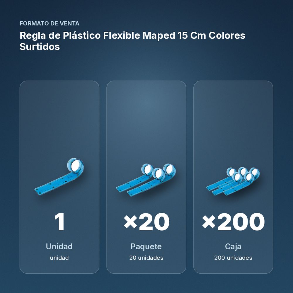 REGLA DE PLÁSTICO FLEXIBLE MAPED 15 CM COLORES SURTIDOS - formato de venta: paquete de 20, caja de 200