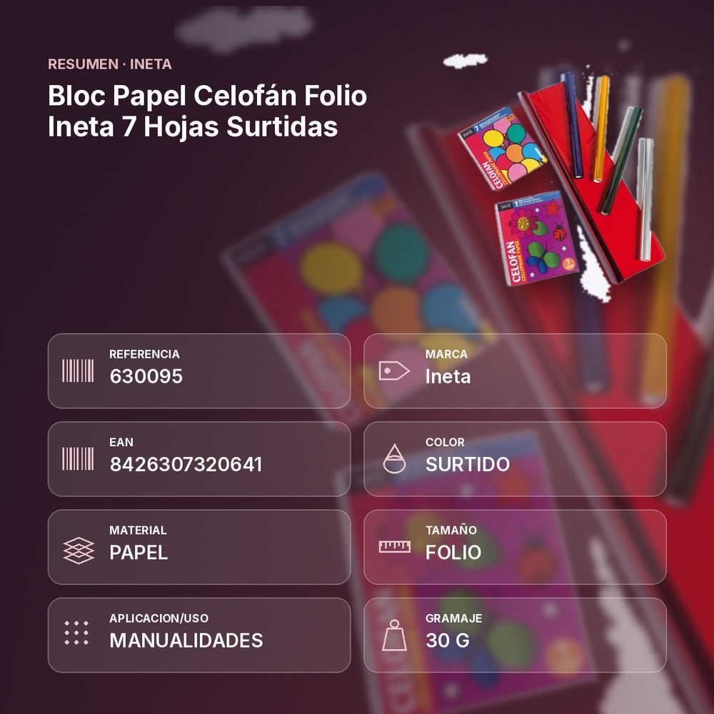 BLOC PAPEL CELOFÁN FOLIO INETA 7 HOJAS SURTIDAS - resumen de atributos