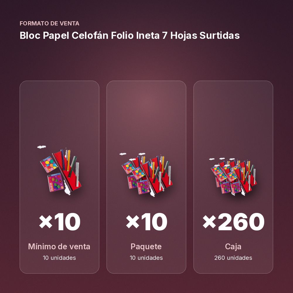 BLOC PAPEL CELOFÁN FOLIO INETA 7 HOJAS SURTIDAS - formato de venta: paquete de 10, caja de 260