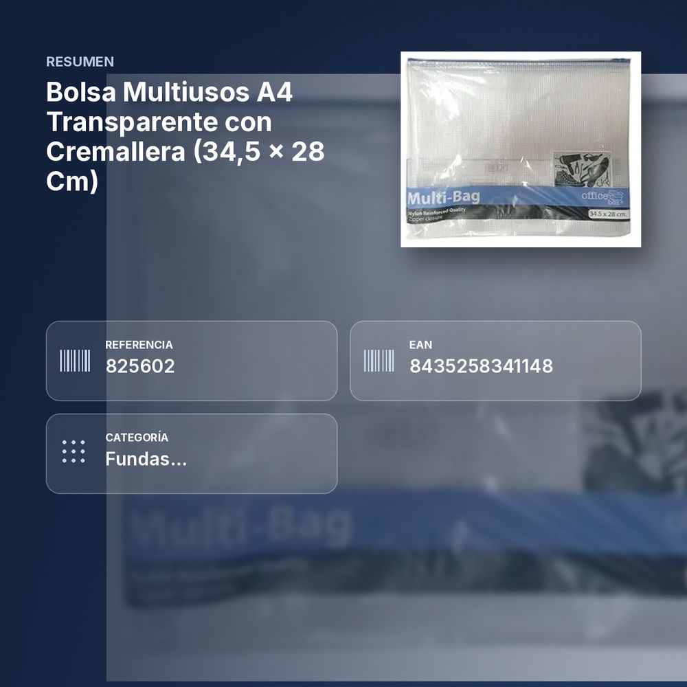 BOLSA MULTIUSOS A4 TRANSPARENTE CON CREMALLERA (34,5 × 28 CM) - resumen de atributos