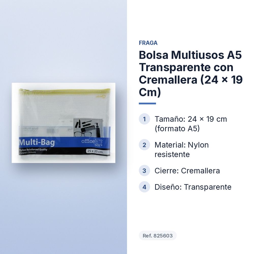 BOLSA MULTIUSOS A5 TRANSPARENTE CON CREMALLERA (24 × 19 CM) - características principales