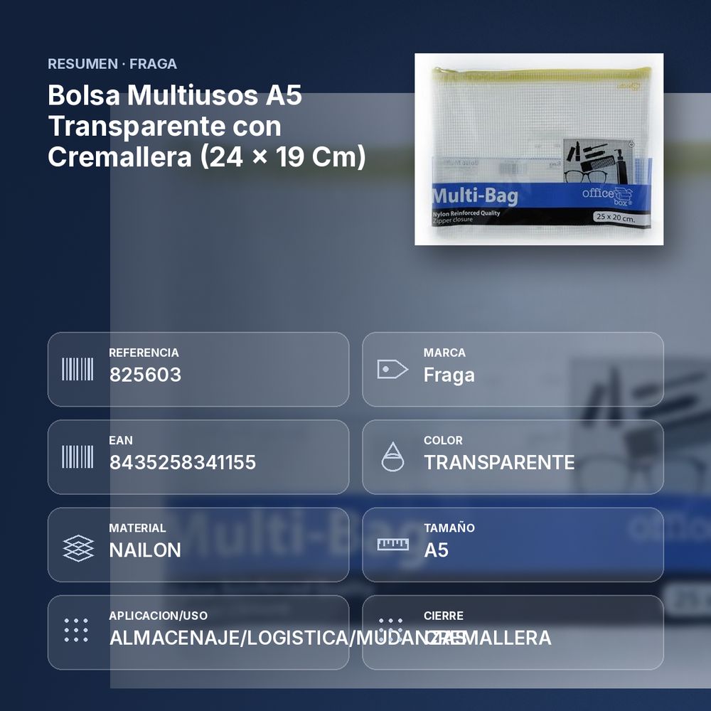 BOLSA MULTIUSOS A5 TRANSPARENTE CON CREMALLERA (24 × 19 CM) - resumen de atributos