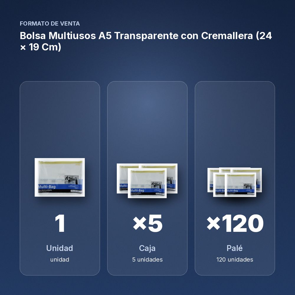 BOLSA MULTIUSOS A5 TRANSPARENTE CON CREMALLERA (24 × 19 CM) - formato de venta: caja de 5, palé de 120