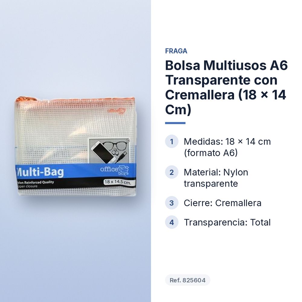 BOLSA MULTIUSOS A6 TRANSPARENTE CON CREMALLERA (18 × 14 CM) - características principales