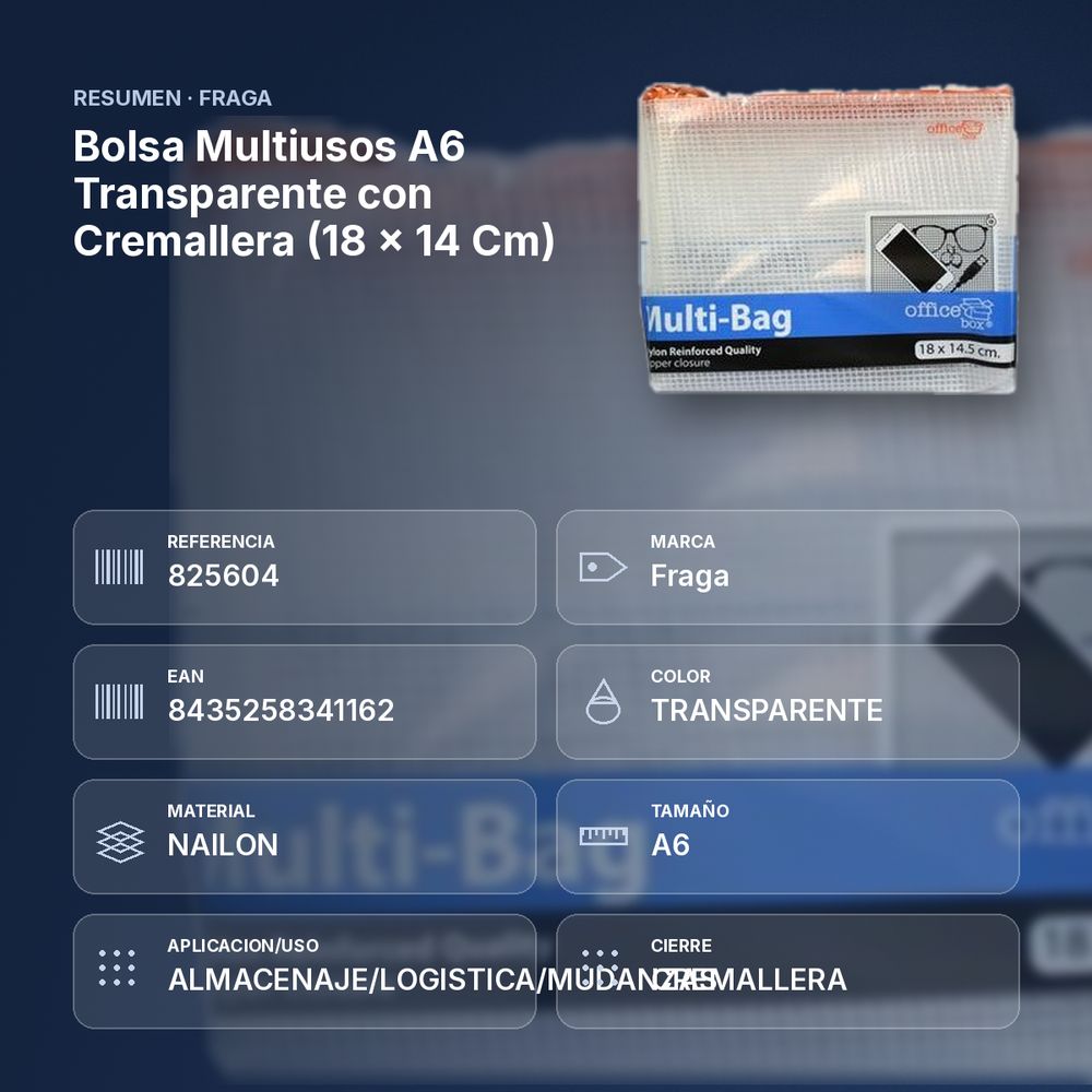 BOLSA MULTIUSOS A6 TRANSPARENTE CON CREMALLERA (18 × 14 CM) - resumen de atributos