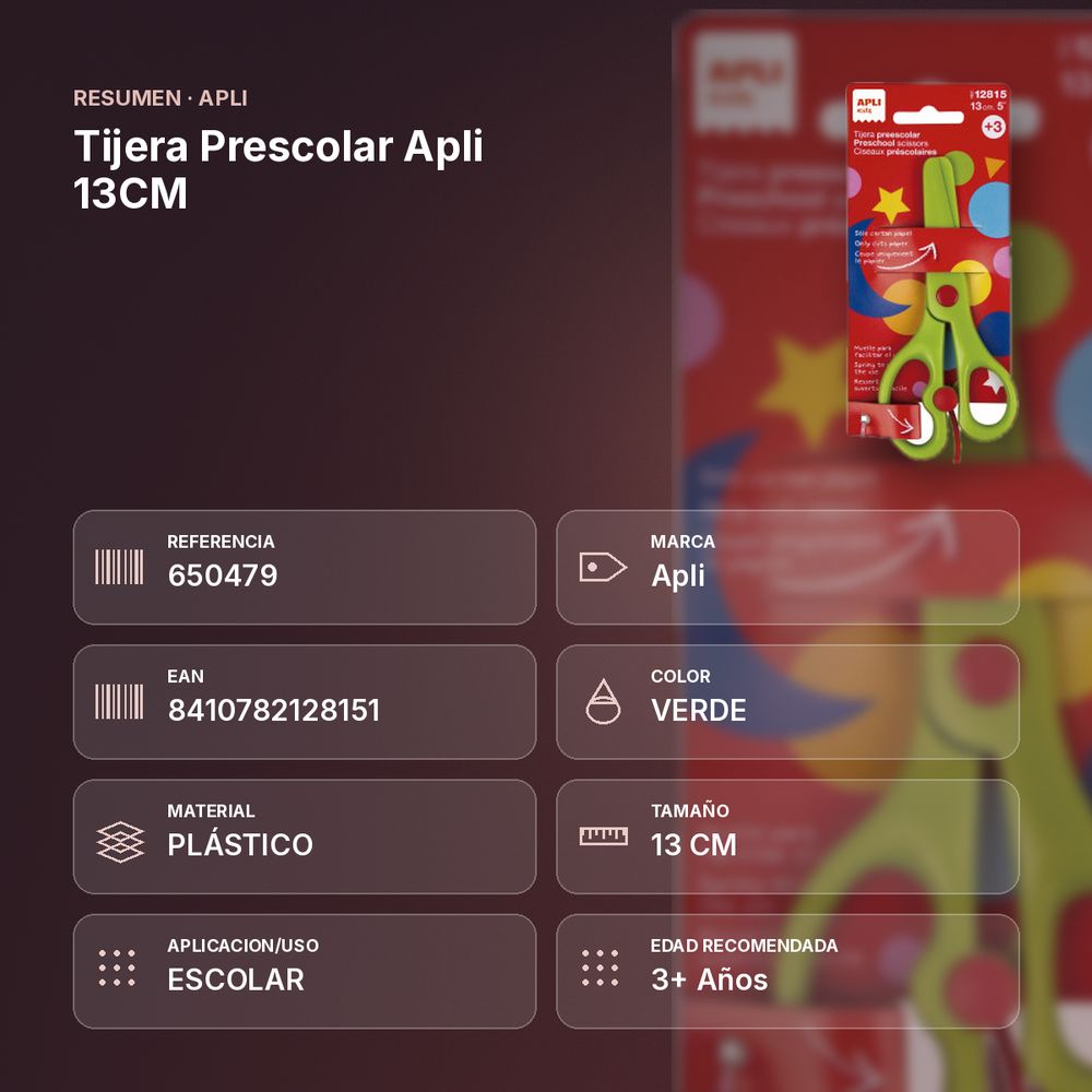 TIJERA PRESCOLAR APLI 13CM - resumen de atributos