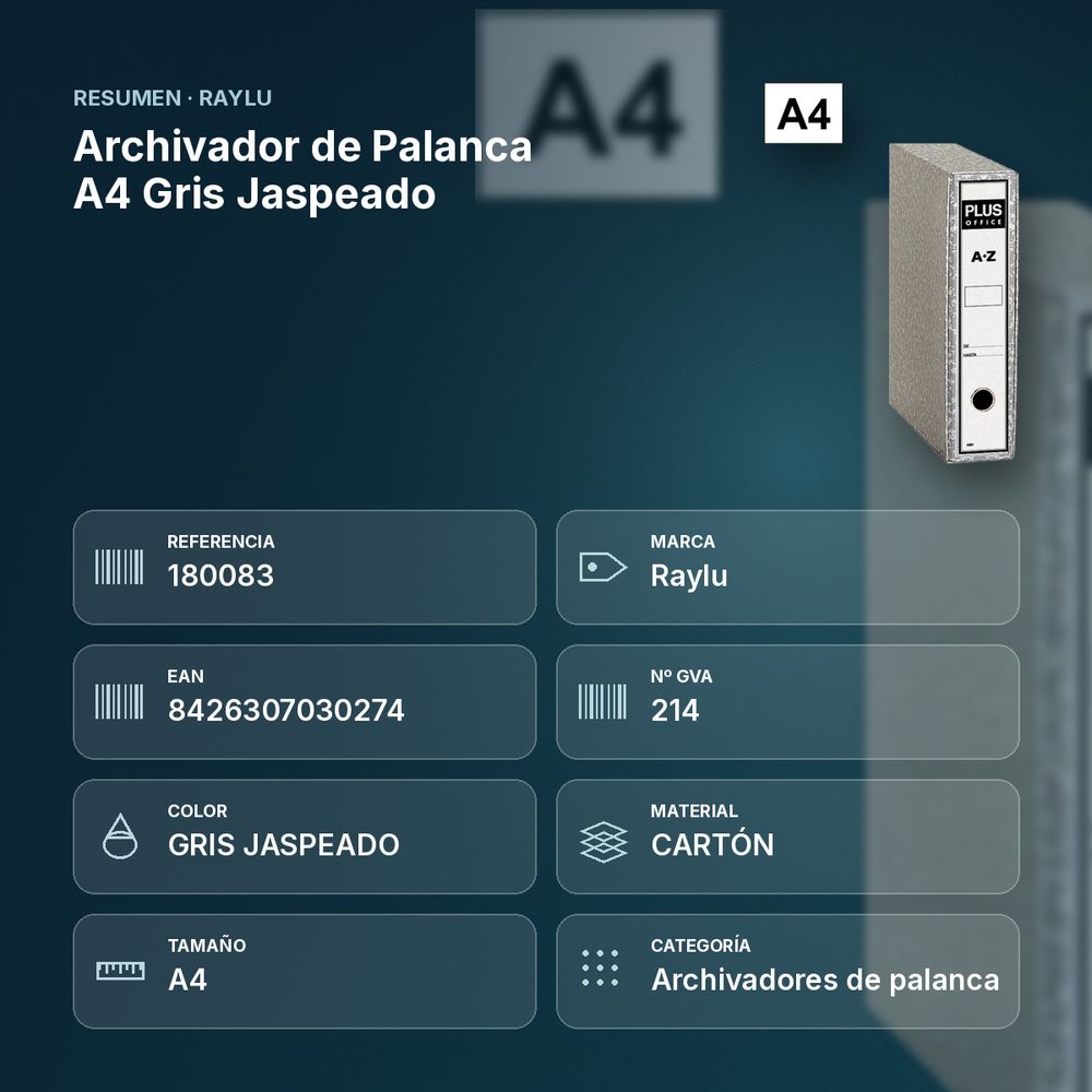 ARCHIVADOR DE PALANCA A4 GRIS JASPEADO - resumen de atributos