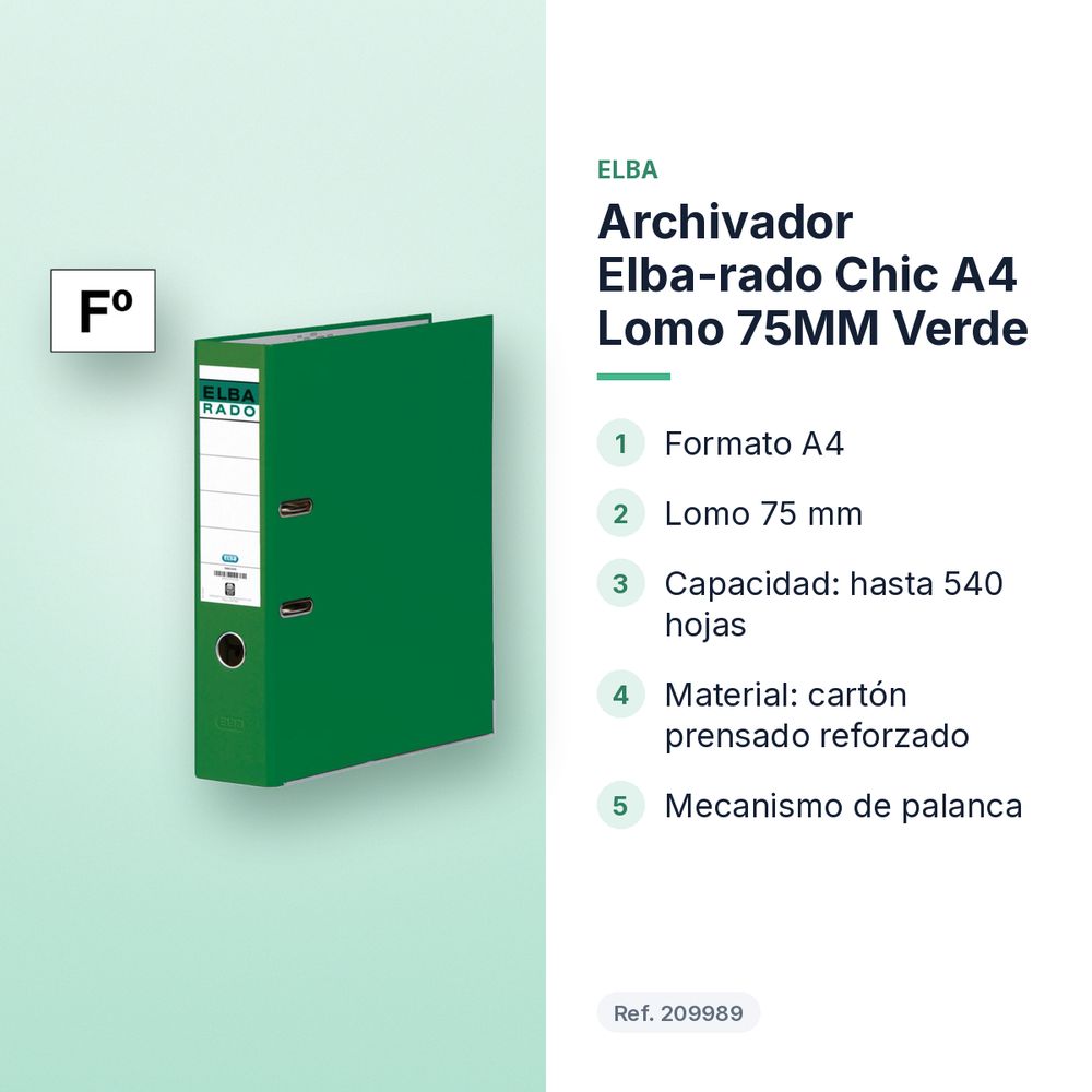 ARCHIVADOR ELBA-RADO CHIC A4 LOMO 75MM VERDE - características principales