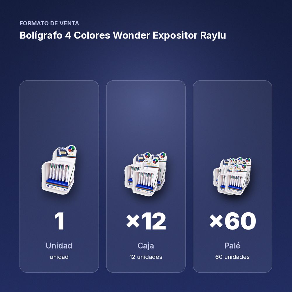 BOLÍGRAFO 4 COLORES WONDER EXPOSITOR RAYLU - formato de venta: caja de 12, palé de 60