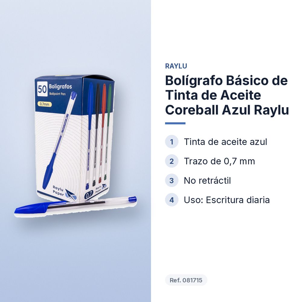 BOLÍGRAFO BÁSICO DE TINTA DE ACEITE COREBALL AZUL RAYLU - características principales