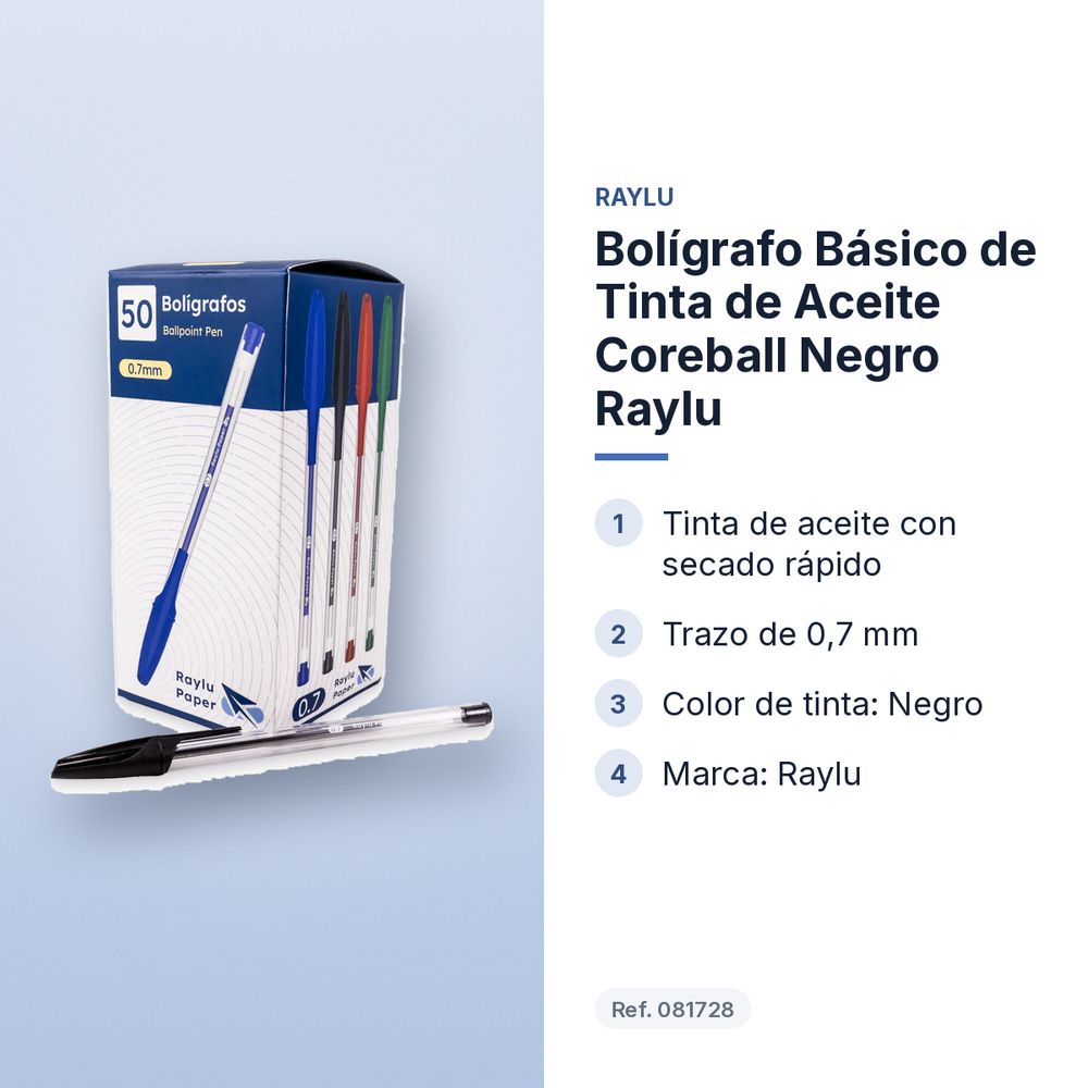 BOLÍGRAFO BÁSICO DE TINTA DE ACEITE COREBALL NEGRO RAYLU - características principales