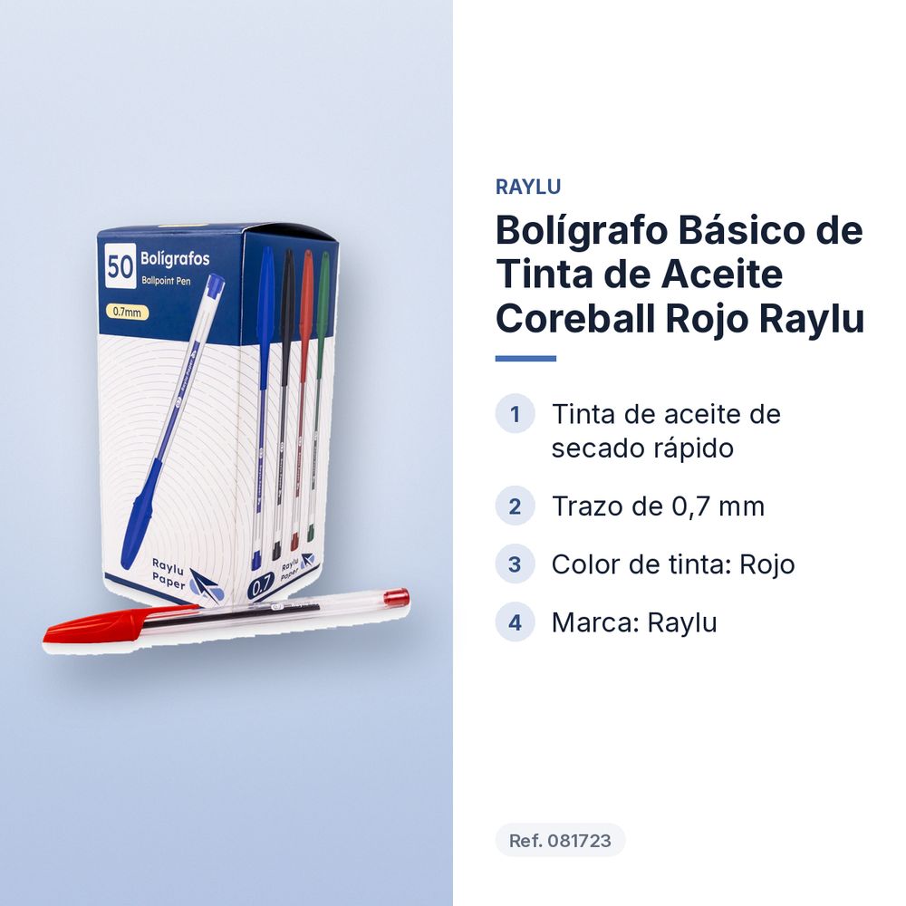 BOLÍGRAFO BÁSICO DE TINTA DE ACEITE COREBALL ROJO RAYLU - características principales