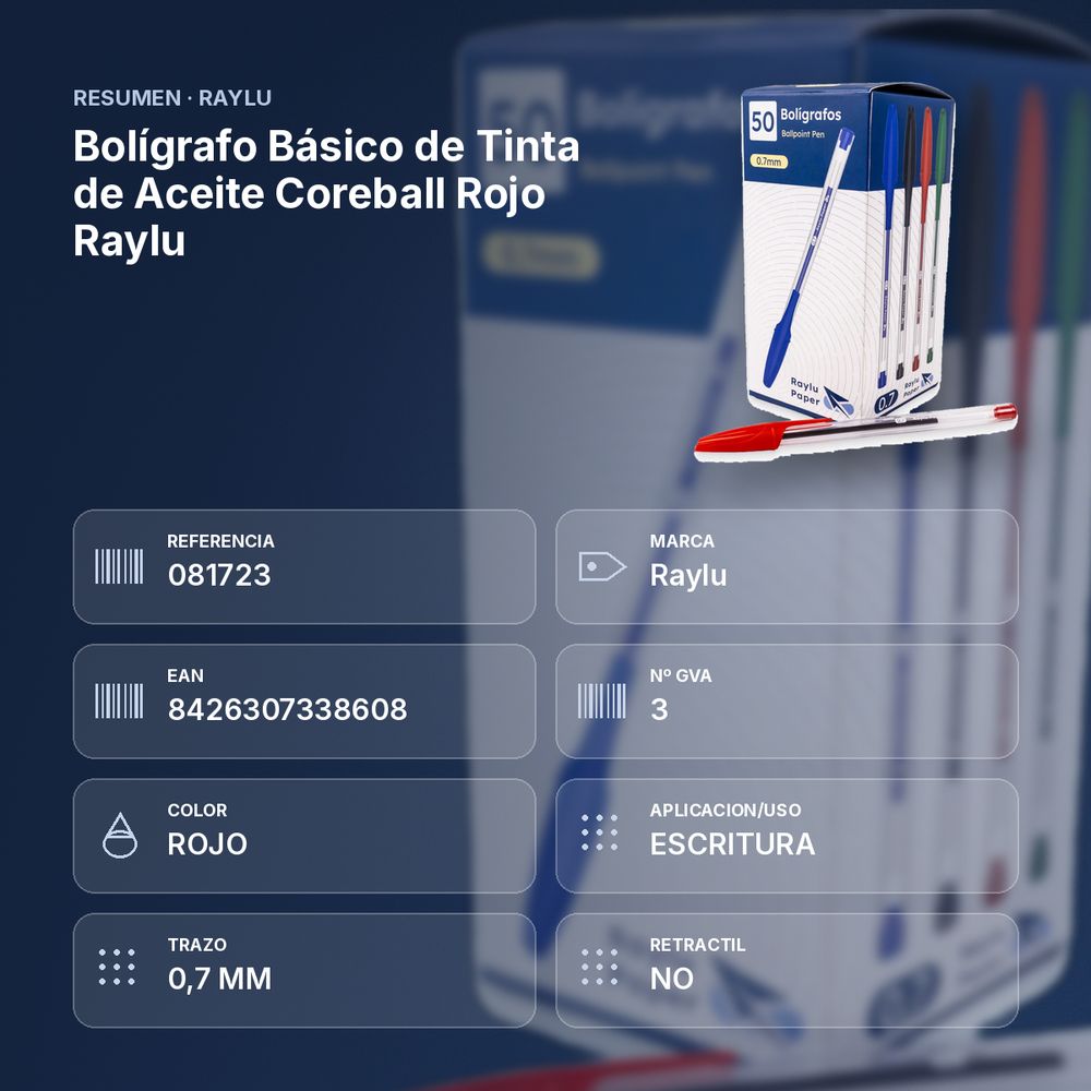 BOLÍGRAFO BÁSICO DE TINTA DE ACEITE COREBALL ROJO RAYLU - resumen de atributos